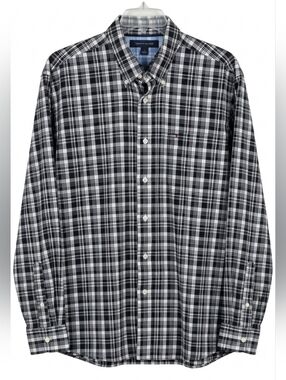 L/G Vintage Tommy Hilfiger Black/White/Grey Button Down Plaid Flag Long Sleeve